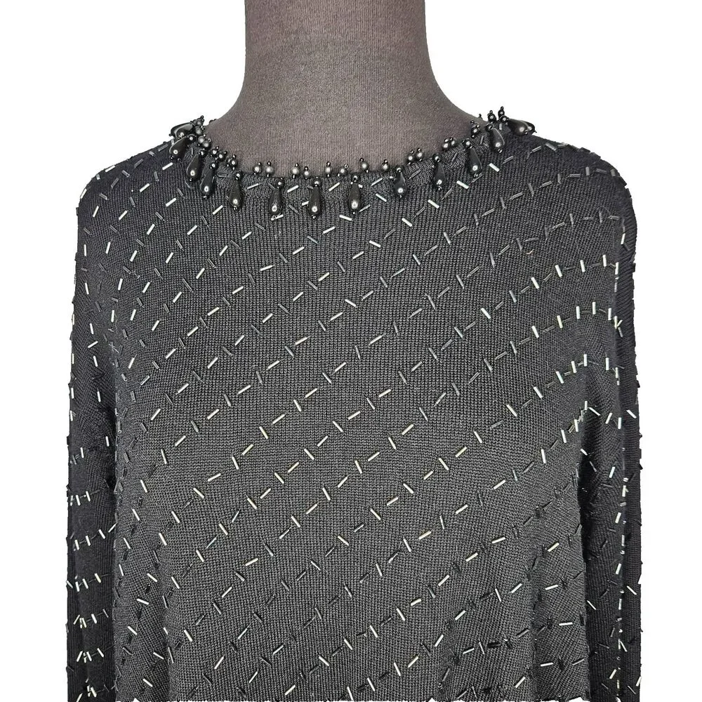 Vtg Valerie Stevens Evening Sweater Large Merino Wool Black Beaded Sophisticated